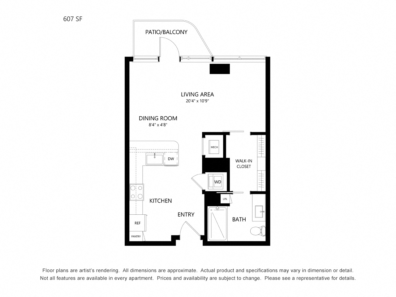 Floor plan for studio, 1 bath, 607 sqft